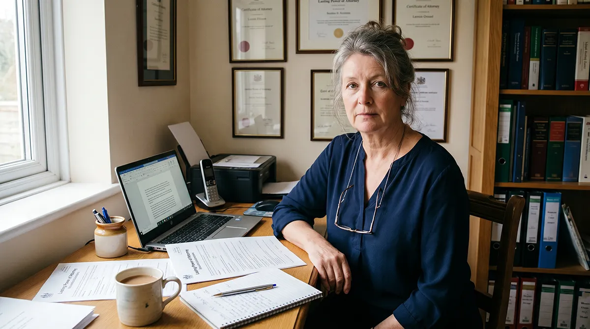 Helen Ashworth at her desk with her certificates and Power of Attorney paperwork